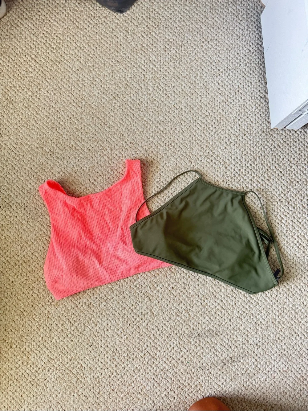 aerie Neon Coral Tank Bikini Top & Olive Green High-Neck Bikini Top Set